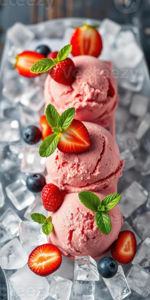 Delicious strawberry ice cream served on crushed ice with fresh mint and berries at a summer gathering photo