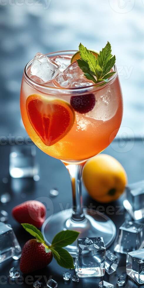 Vibrant cocktail in a glass garnished with fresh fruit and mint, perfect for summer gatherings and celebrations photo