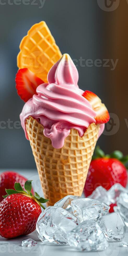 Delicious strawberry soft serve ice cream cone topped with fresh strawberries and a waffle crisp photo