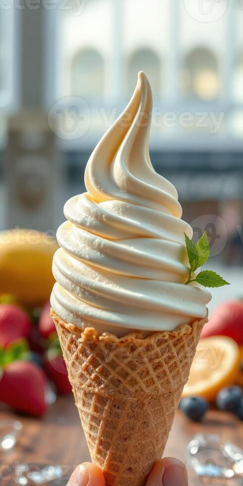Delicious soft serve ice cream cone topped with mint leaves and surrounded by fresh fruits in a vibrant setting photo