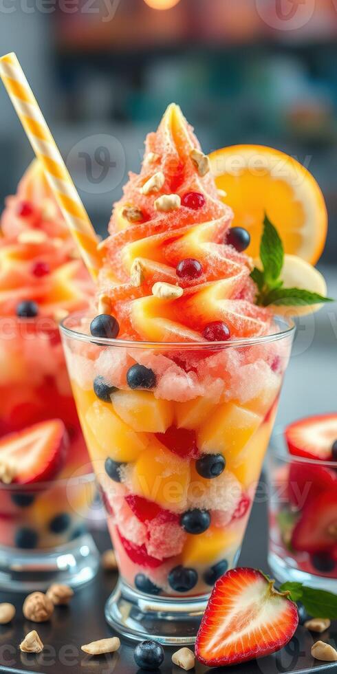 Refreshing fruit dessert served in a glass cup with layers of vibrant flavors at a summer gathering photo