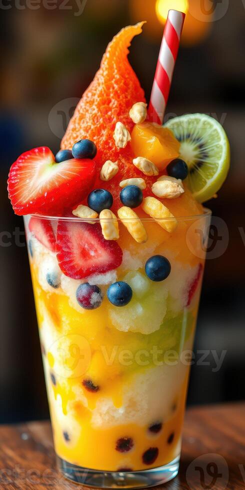Colorful fruit parfait with layers of tropical flavors and crunchy toppings displayed in a clear glass cup photo