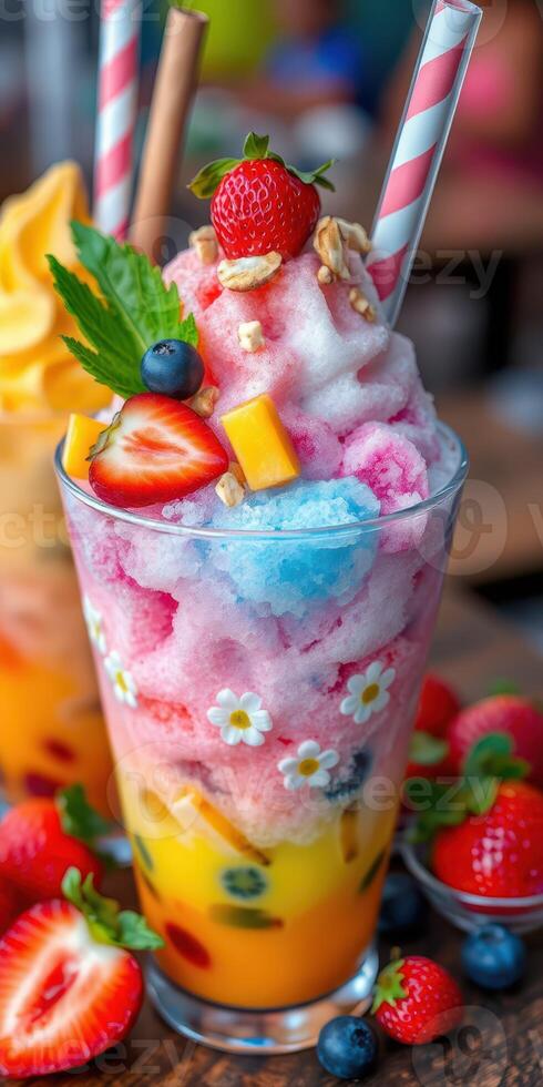 Colorful shaved ice dessert topped with fruit and whipped cream served in a tall glass during a sunny day at a dessert shop photo