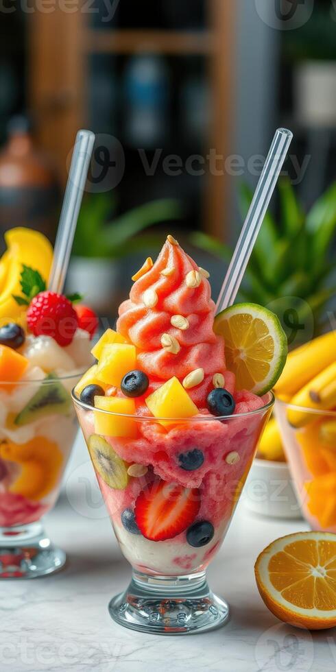 Vibrant dessert cups filled with various fruit-flavored soft serve topped with fresh fruits and nuts photo