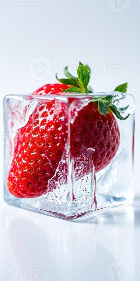 Fresh strawberries encased in ice cube create a striking contrast of colors and textures photo