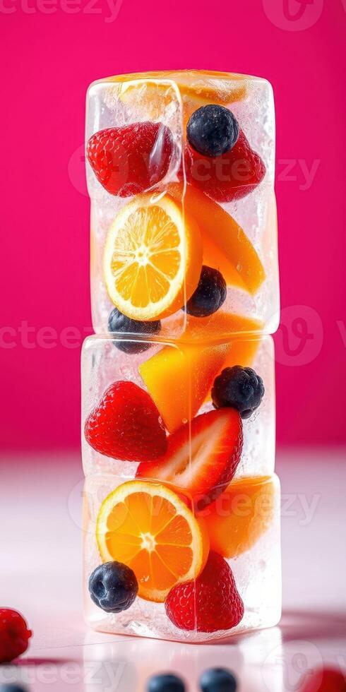 Colorful frozen fruit cubes stacked on a white surface with a vibrant pink background photo