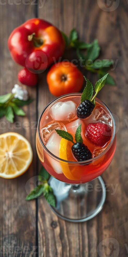 Bright and refreshing cocktail garnished with fresh berries and citrus fruits on a rustic wooden table photo