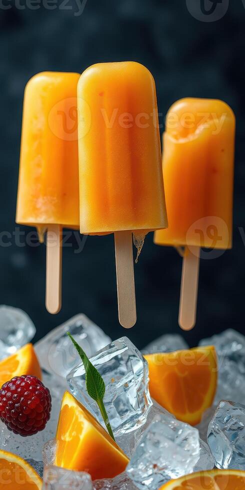 Refreshing orange popsicles resting on ice with fresh fruit in a bright setting during summer photo