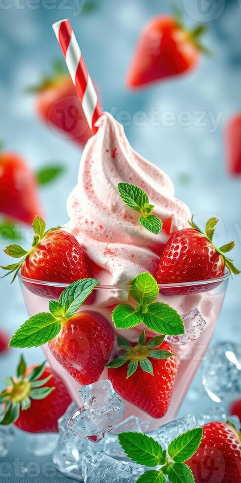 Delicious strawberry dessert served in a glass with whipped cream and mint leaves on a bright background photo