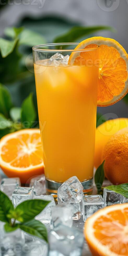 Bright and refreshing citrus drink served over ice with orange slices and fresh mint leaves photo