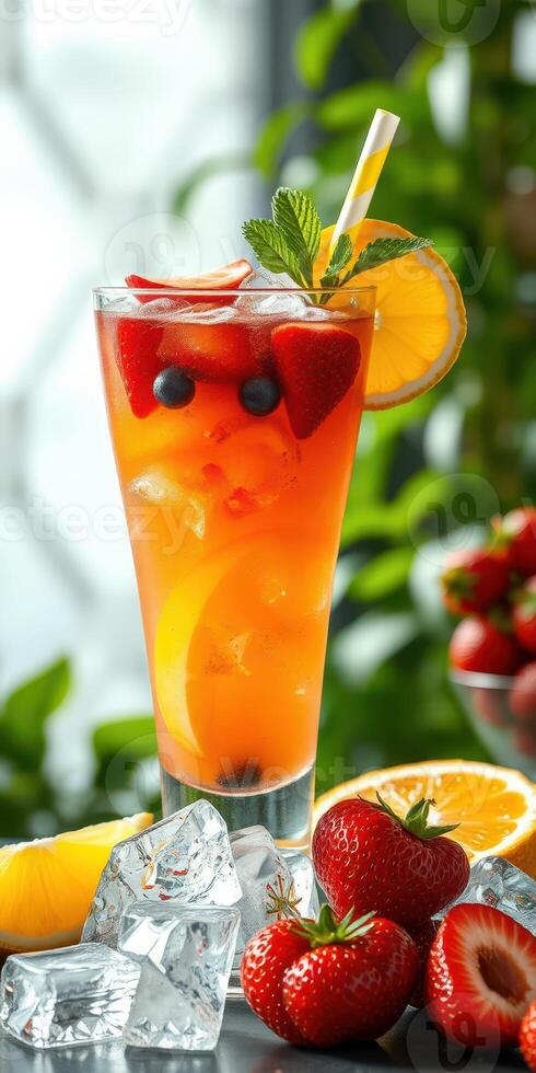 Refreshing summer drink with fresh fruits in a vibrant setting photo