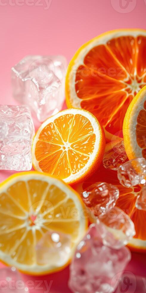 Brightly colored citrus fruits on ice create a refreshing and vibrant composition suitable for summer enjoyment photo