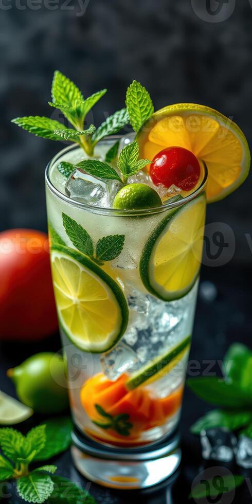 Refreshing cocktail with citrus fruits and mint on a dark background photo