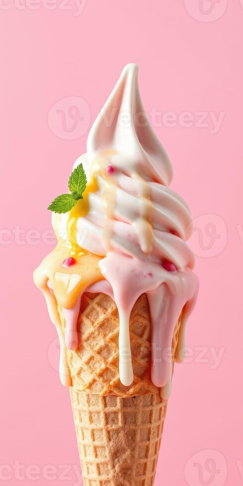 Delicious ice cream cone topped with swirls of strawberry and vanilla flavors photo