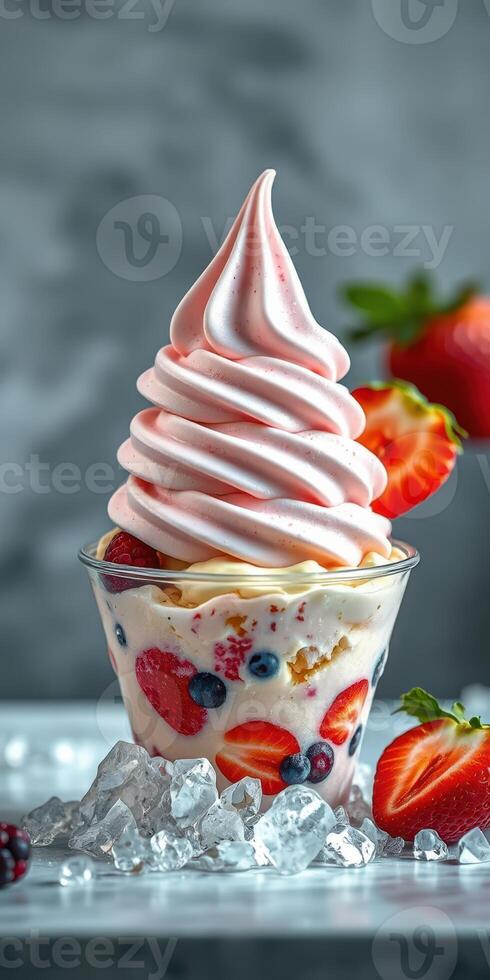 Delicious swirled soft serve dessert topped with fresh strawberries and berries in a cup on ice photo