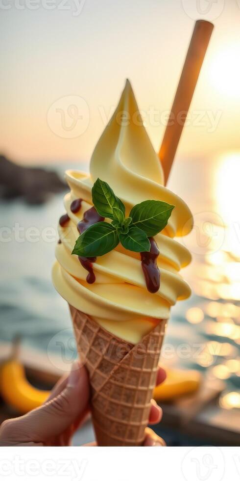 Ice cream cone with chocolate drizzle and mint leaf near a lake at sunset photo