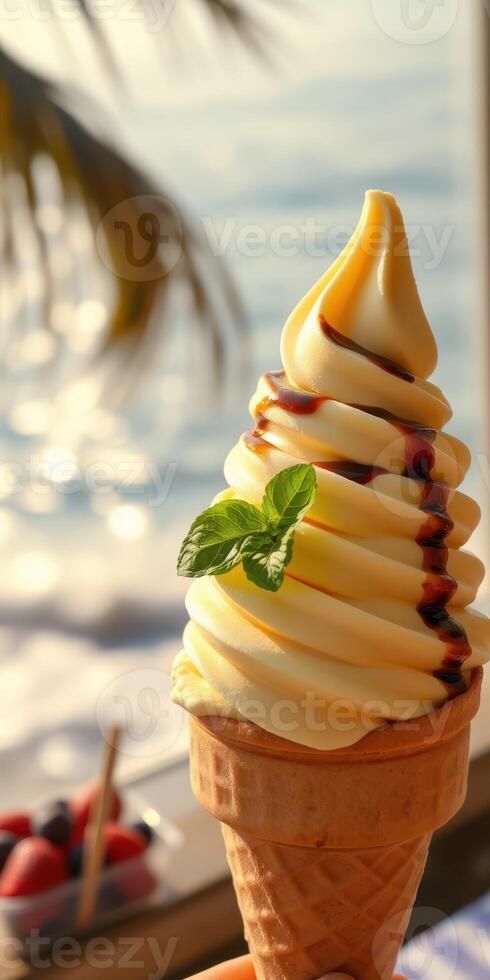 Delicious soft serve ice cream served in a cone with a view of the ocean and palm trees in the background photo
