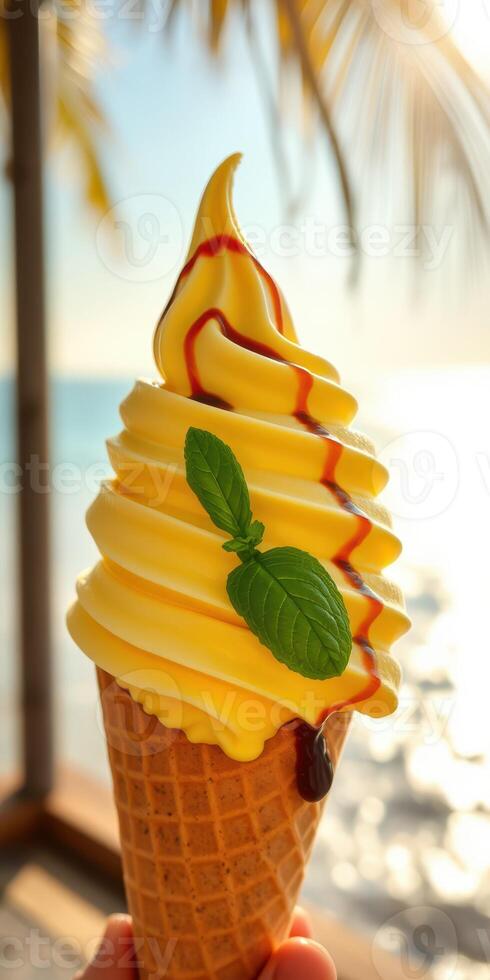 Delicious soft serve ice cream topped with syrup and mint leaf by the beach at sunset photo
