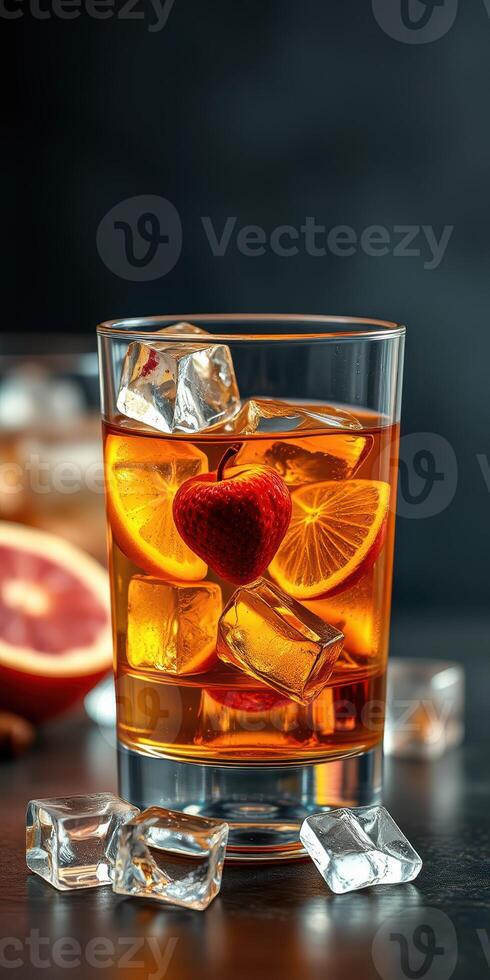 Colorful cocktail garnished with fruit slices and ice cubes on a dark background during a summer evening gathering photo