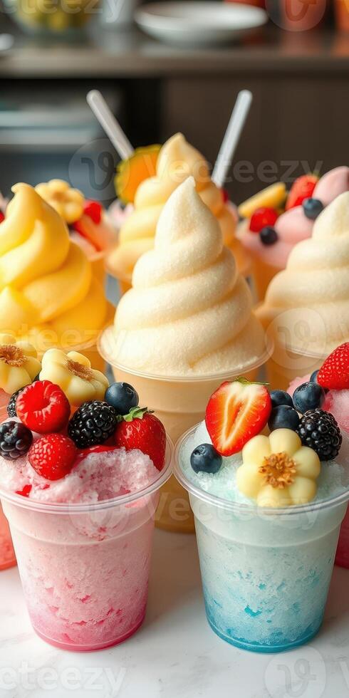 Colorful frozen desserts topped with fruits create a delightful summer treat at a bright ice cream shop photo
