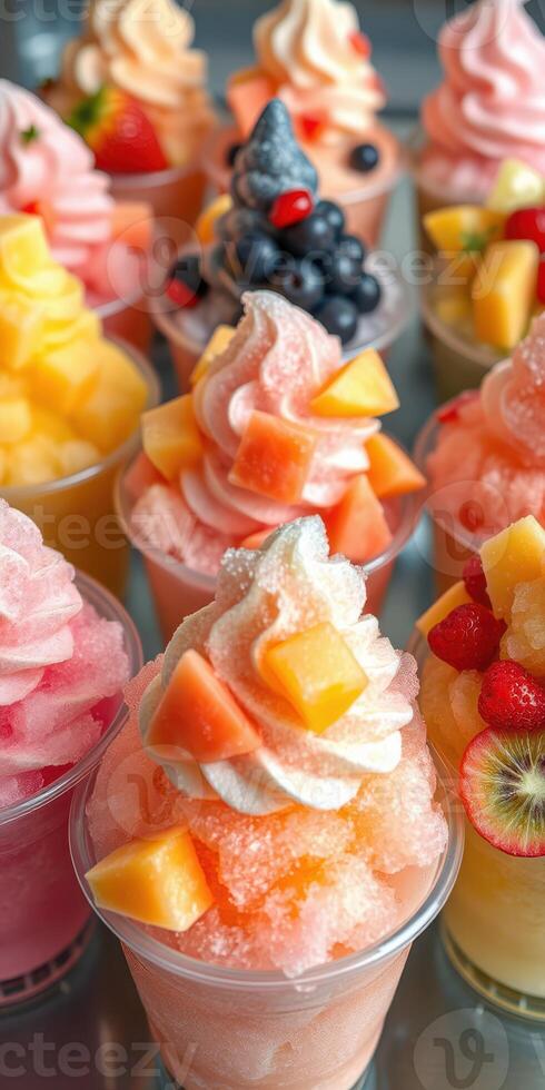 Colorful fruit sorbets topped with whipped cream and fresh berries in dessert cups at a summer event photo
