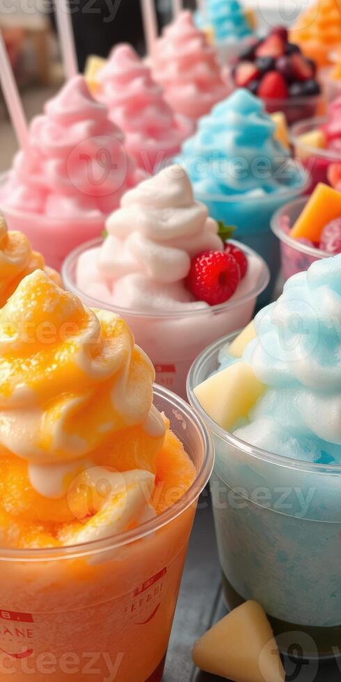 Colorful frozen desserts topped with whipped cream and fruits during a summer gathering at a local event photo