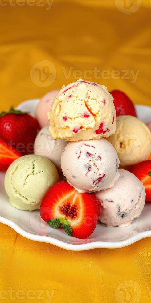 Assorted ice cream scoops on a white plate with fresh strawberries on a yellow background photo