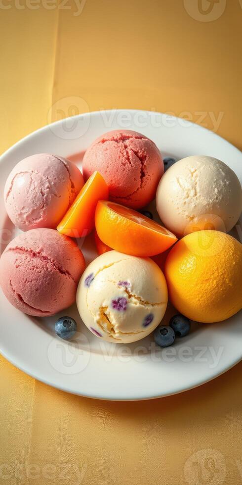 Colorful ice cream scoops with fresh fruit arranged on a white plate in a bright setting photo