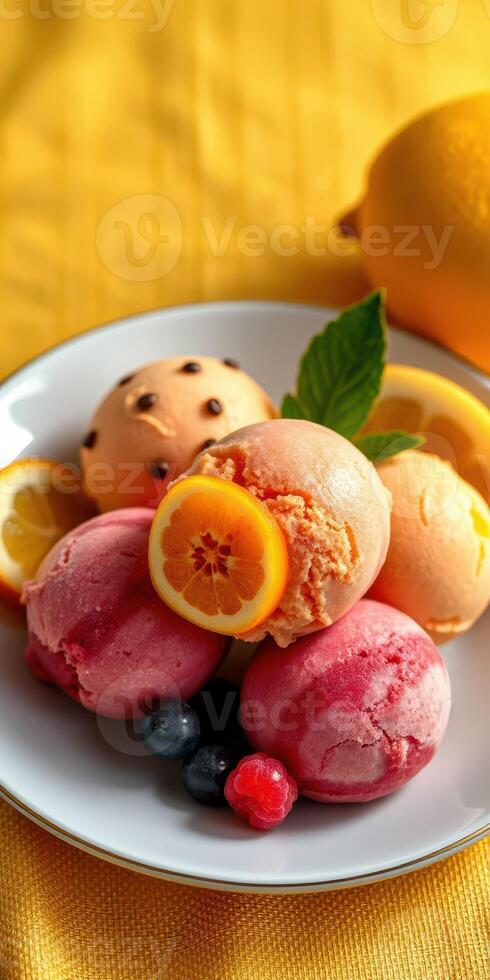 Colorful assortment of ice cream scoops with fresh fruit on a bright yellow table photo