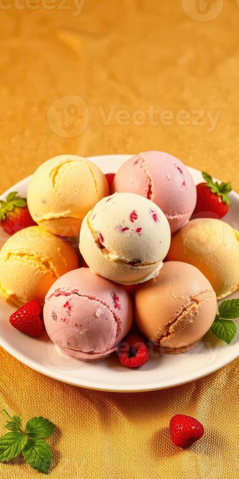 Colorful assortment of delicious ice cream scoops served on a plate with fresh raspberries photo