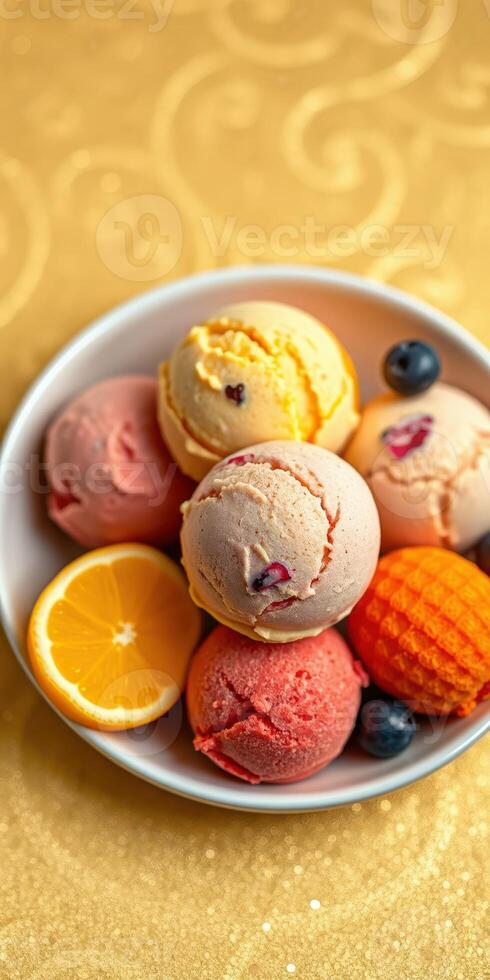Vibrant bowl of assorted ice cream flavors with fresh fruit and colorful decorations photo