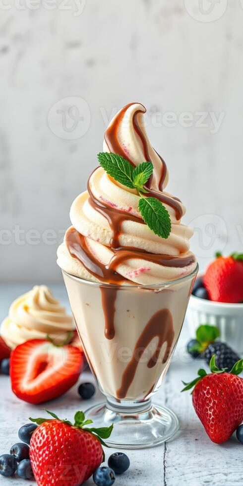 Delicious soft serve ice cream topped with chocolate sauce and fresh berries in a glass cup photo