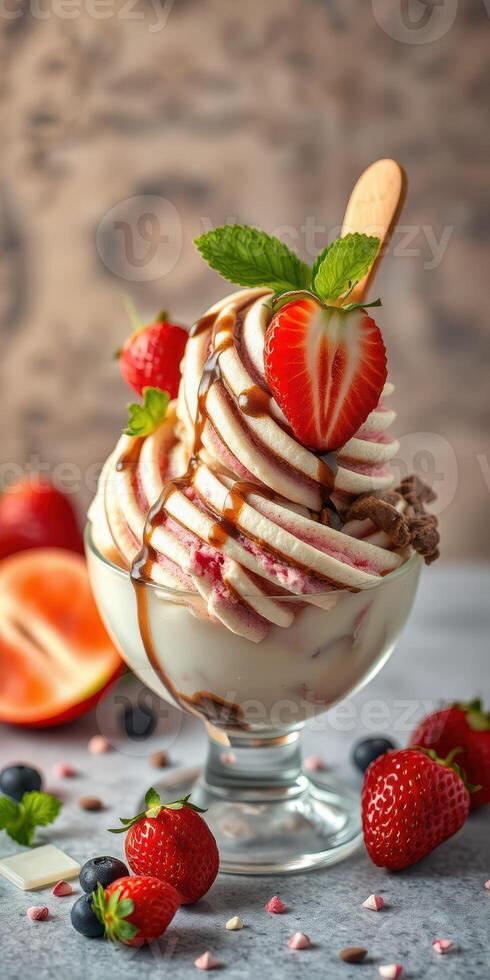Delicious dessert with swirls of soft serve, fresh strawberries, and chocolate drizzle in a clear glass bowl photo