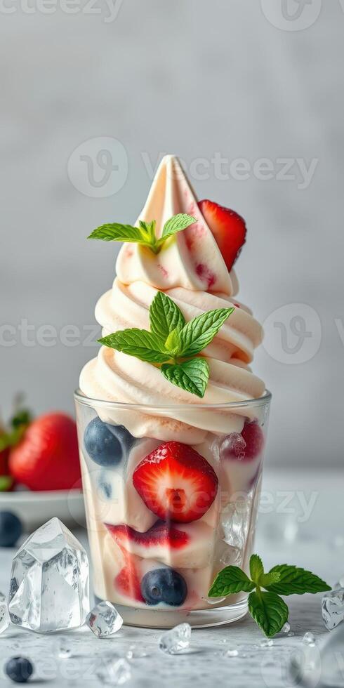 Delicious soft serve ice cream topped with fresh strawberries and blueberries served in a glass cup photo