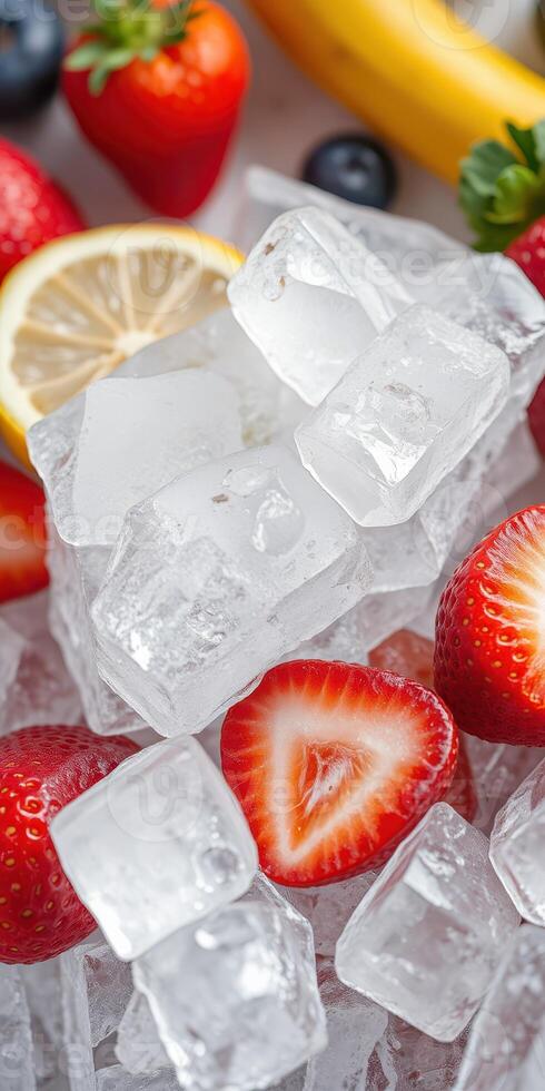 Fresh strawberries and lemon slices surrounded by ice cubes create a refreshing summer treat with vibrant colors photo