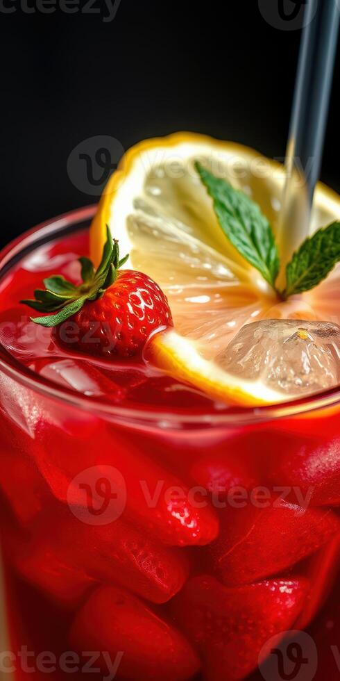 Refreshing summer drink with strawberries and lemons garnished with mint leaves in a glass filled with ice photo
