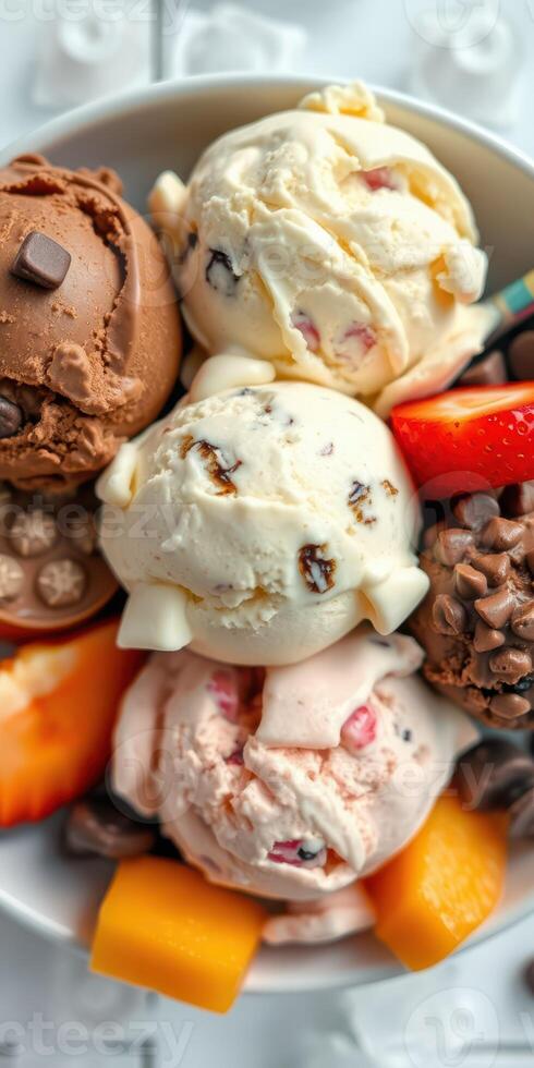 Indulging in a variety of ice cream scoops with fresh fruit on a sunny day photo