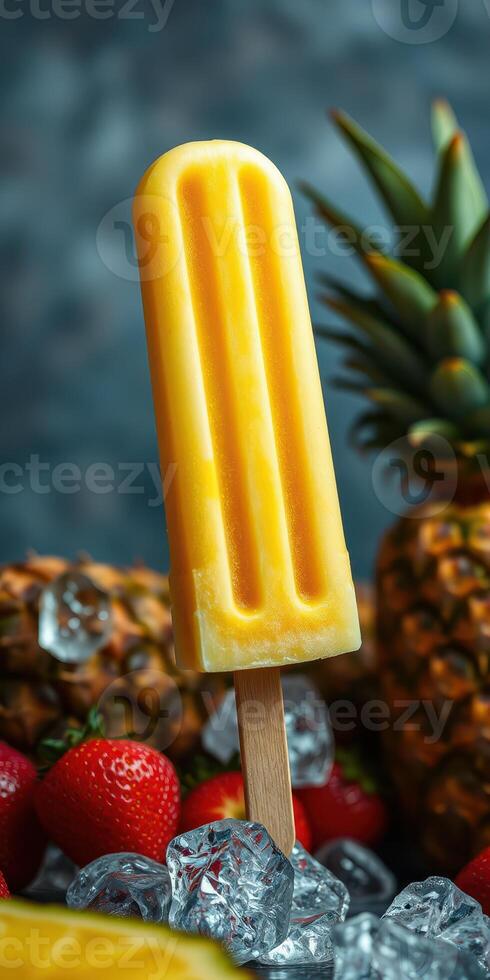 Colorful fruit popsicle stands out among fresh strawberries and pineapples on ice photo