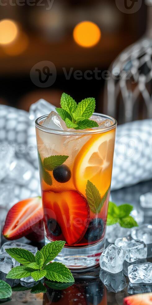 Refreshing summer beverage with fruit and mint garnishes on a cool surface photo