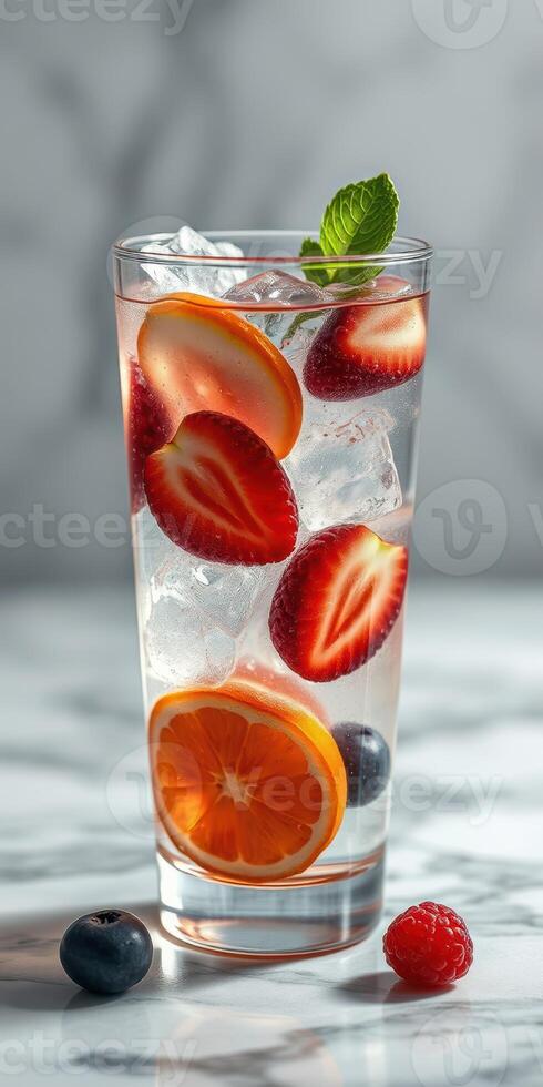 Refreshing summer drink with fresh fruits and mint on a marble countertop photo