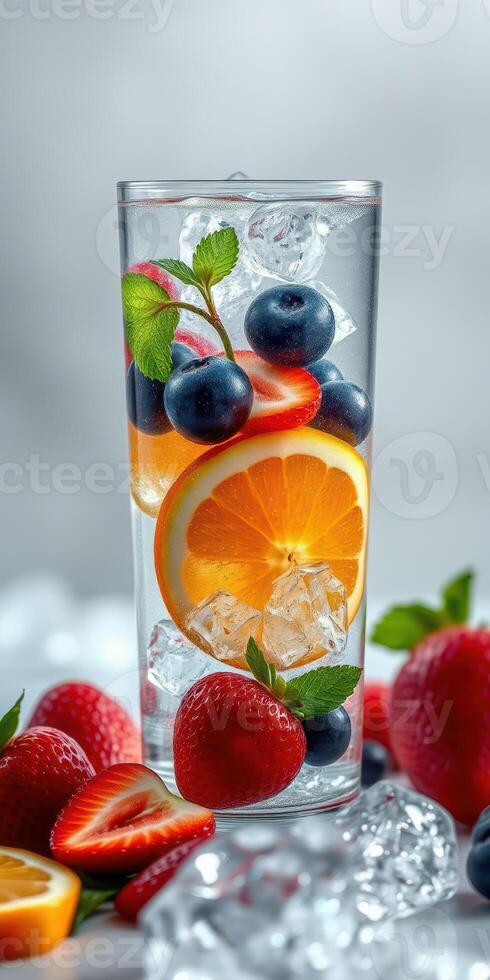 Refreshing fruit-infused drink with blueberries, strawberries, and oranges on a cool surface with ice cubes photo