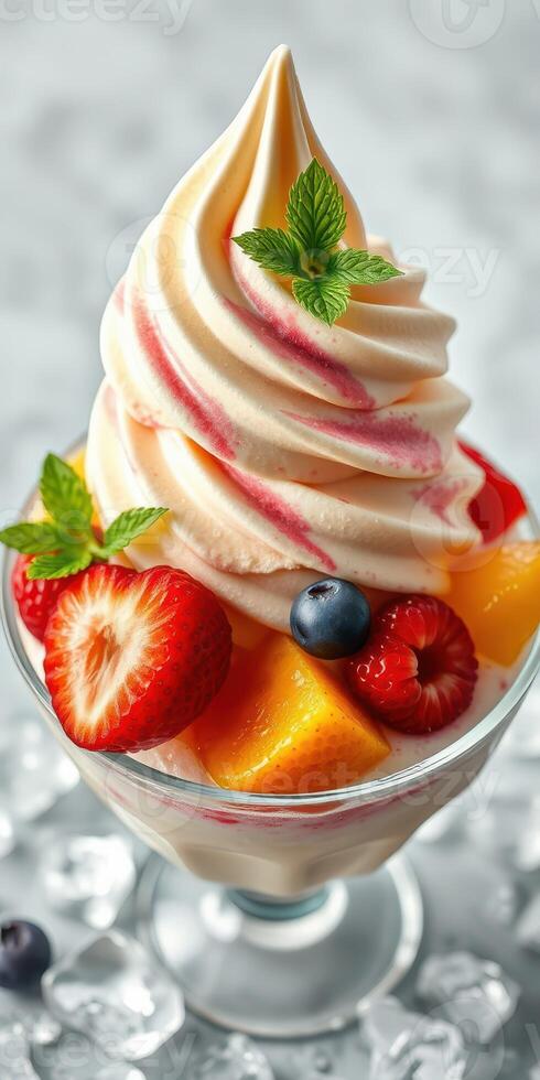 Delicious soft serve dessert topped with fresh fruit and mint on a marble countertop photo