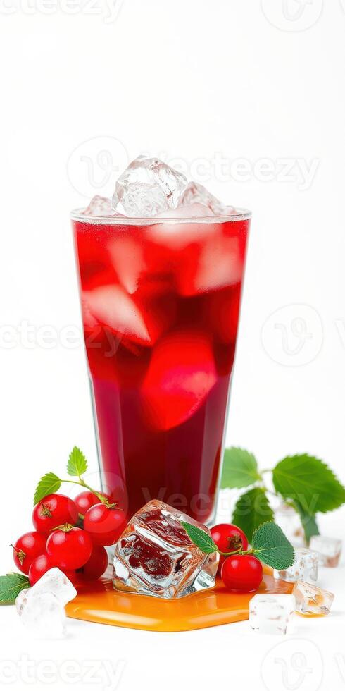 Refreshing beverage with berries and ice surrounded by fresh fruits and mint leaves photo