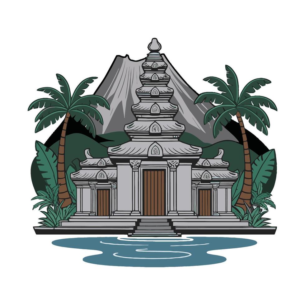 An illustration of a temple with palm trees and a mountain in the background vector
