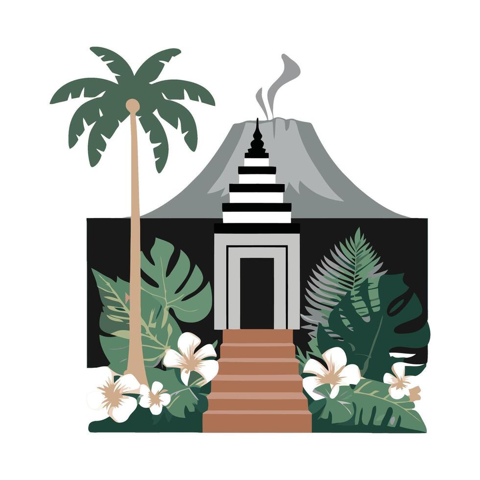 A temple with palm trees and a volcano vector