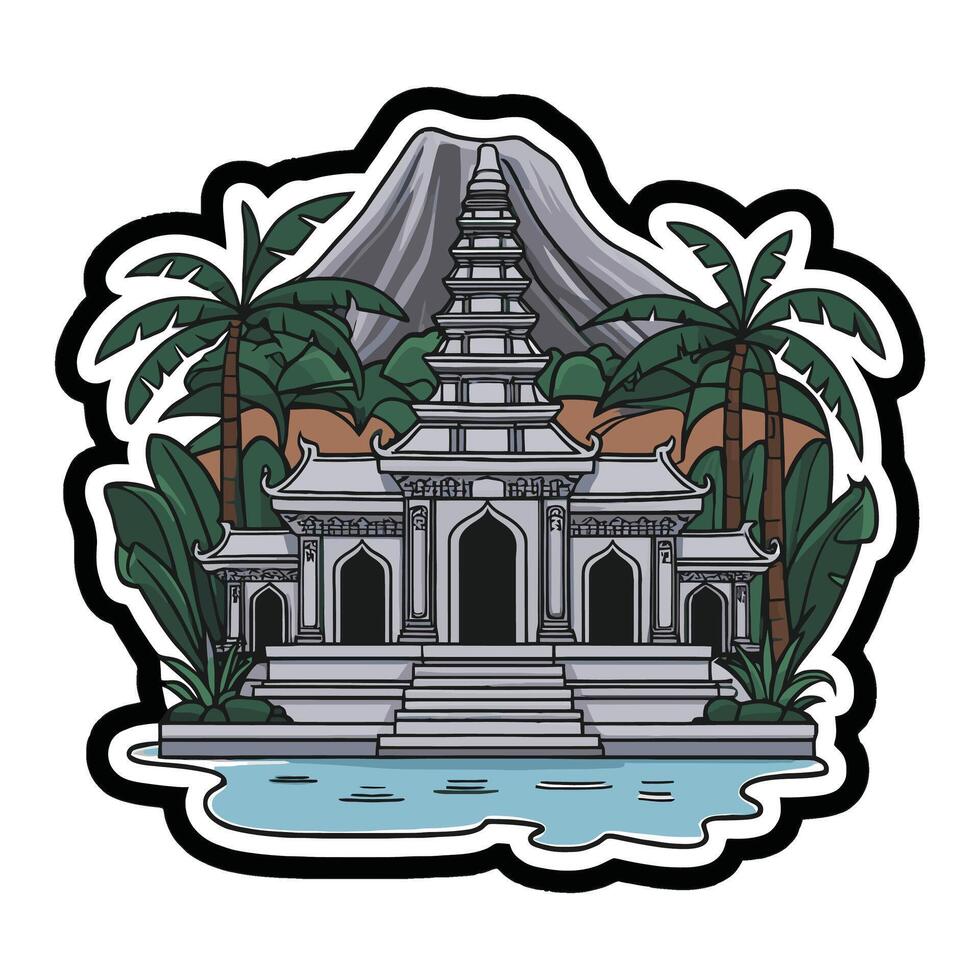 A sticker with a temple and palm trees vector