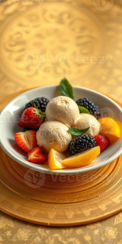 Delightful ice cream with fresh berries and citrus served in a decorative bowl on a golden tablecloth photo