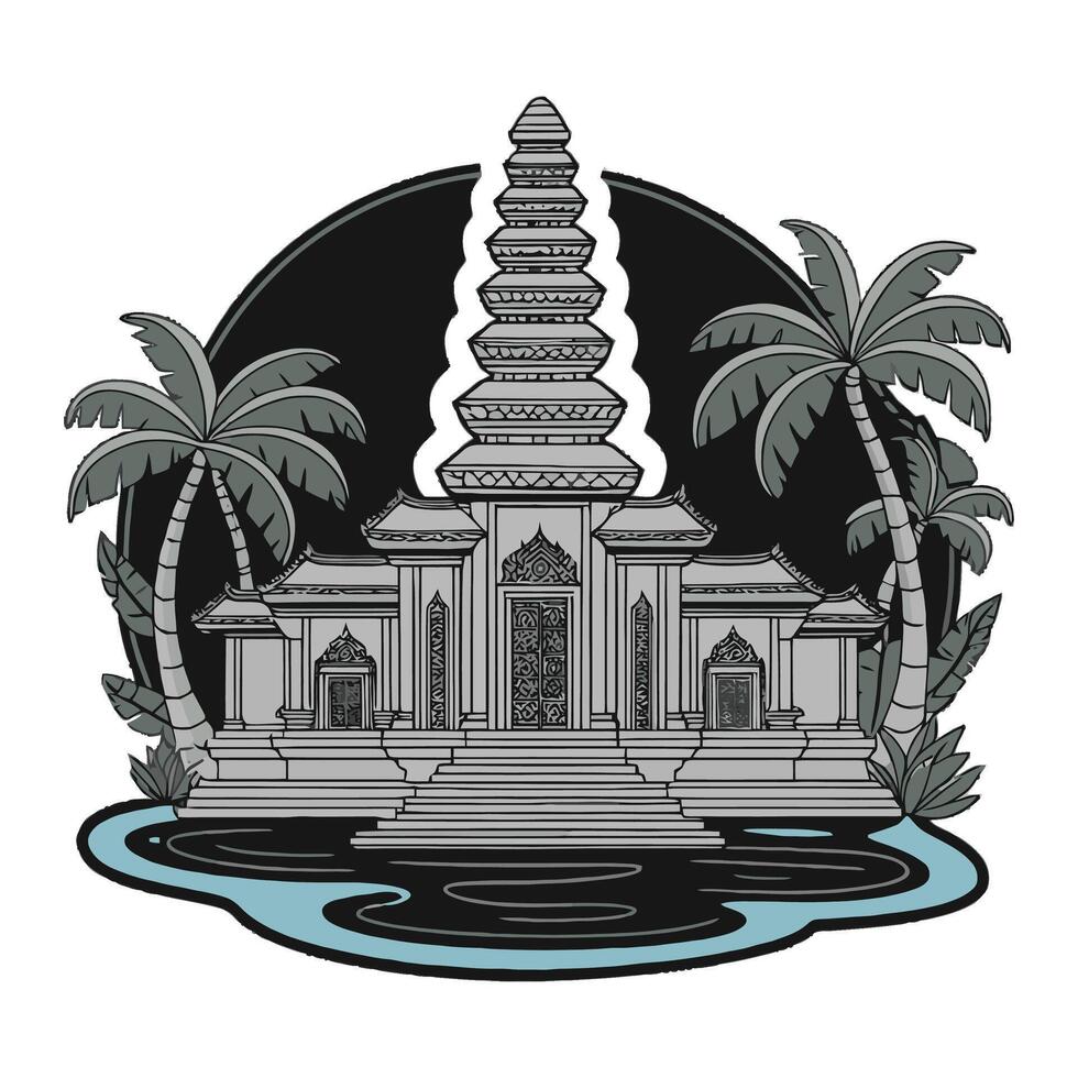 An image of a temple with palm trees and water vector