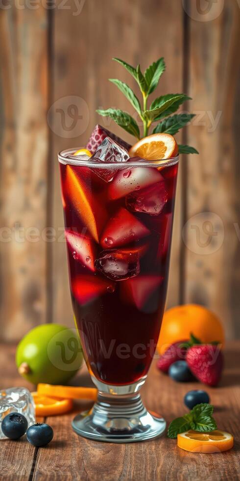 Refreshing fruit punch served in a tall glass with ice and garnished with citrus photo