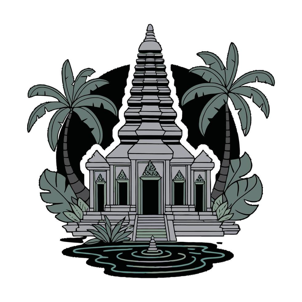 A temple with palm trees and water vector